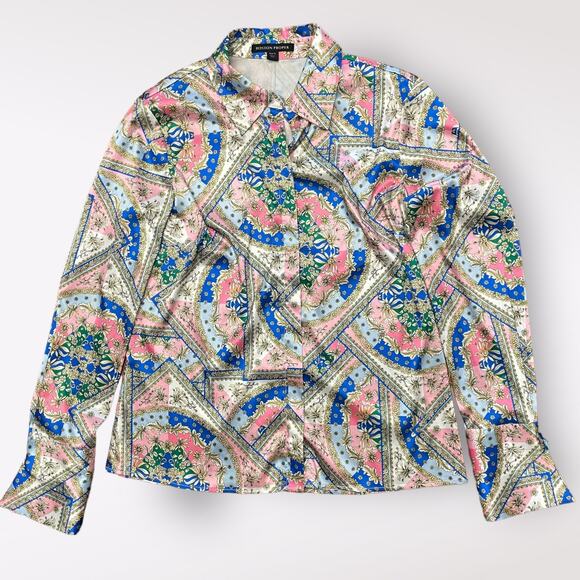 Boston Proper Baroque Scroll Print Button Up Charmeuse Blouse Top Size 12 - Picture 1 of 9